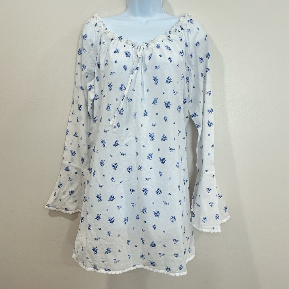 Victoria's Secret Vintage Blue Rose Print Bell Sleeve Chemise Cotton Nightgown L
